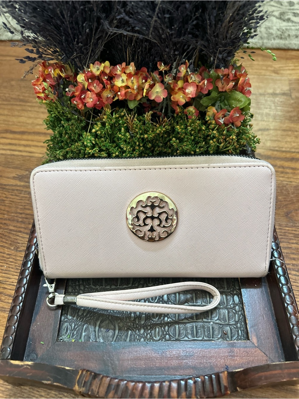 Blush Zip-Around Wristlet Wallet with Decorative Medallion
